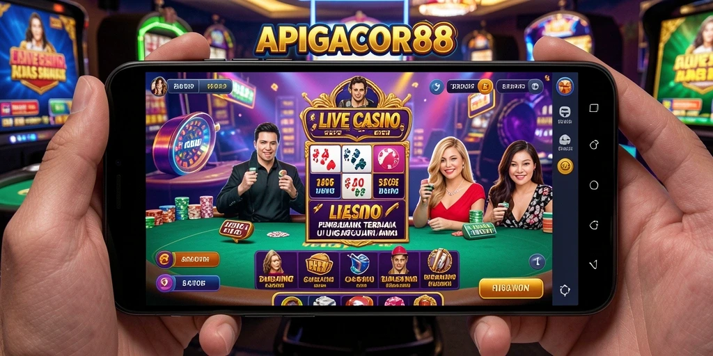 Screenshot gameplay APIGACOR88 menunjukkan dealer yang profesional dan suasana kasino yang mendebarkan.