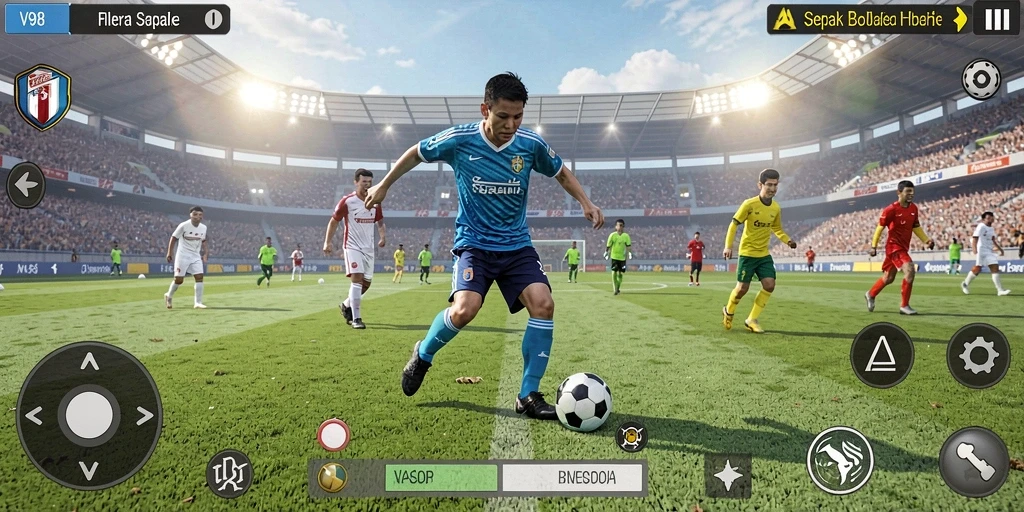 Gameplay menarik dari V98 menunjukkan aksi sepak bola yang seru.