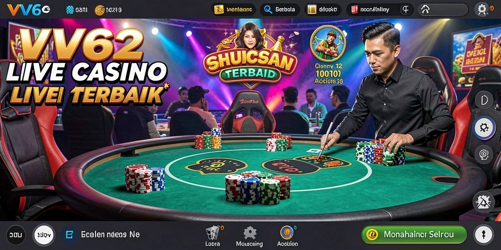 Screenshot VV62 yang menampilkan dealer langsung dan permainan seru.